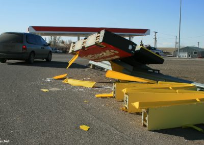 Picture of wind damage to the McDonalds Golden Arches in Cut Bank, Montana.