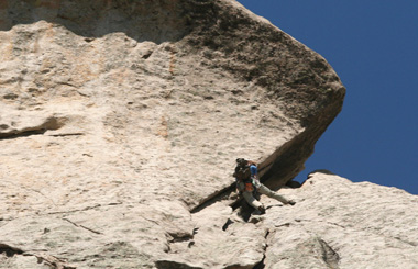 Picture of a rock climber on the "Wedge" in the Humbug Spires Wilderness Study Area south of Butte, Montana. Image is part of the Humbug Spires in Montana Picture Tour.