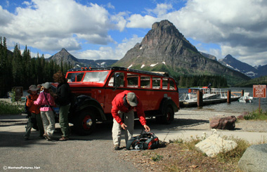 Picture of the boat launch and Jammer Bus at Two Medicine Lake in Glacier National Park.