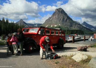 Picture of Jammer Bus at Two Medicine Lake in Glacier National Park.