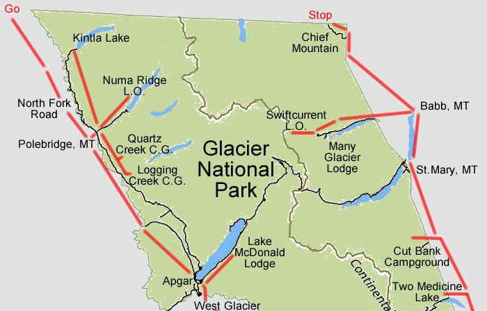 Picture of a map of Glacier National Park with towns and Lakes.