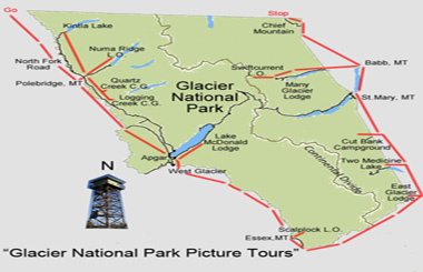Picture of a map of Glacier National Park with towns and Lakes.