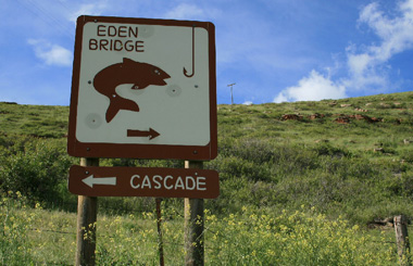 Picture of a Eden bridge sign on the Upper Millegan Road east of Cascade, Montana.