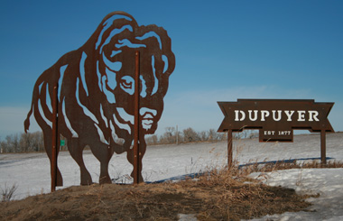 March picture of the Bison Welcome sign outside Dupuyer, Montana. Image is from the Dupuyer, Montana Picture Tour.