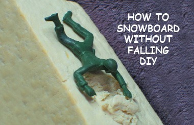 Picture of a green toy army man falling face first in the snow. Image is from the Montana Snowboard Instruction For Beginners DIY.