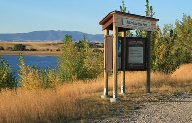 September picture of the Ackley Lake Kiosk south of Hobson, Montana. Image is from the Ackley Lake State Park Picture Tour.
