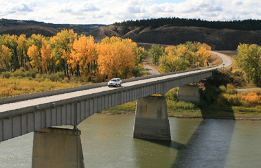 October picture of the Fred Robinson Bridge next to the James Kipp Recreation Area on the Missouri River. Image is from the James Kipp Recreation Area Picture Tour.