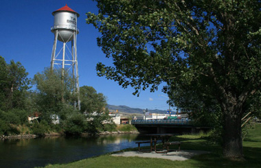 June picture of the Twin Bridges Water Tower and the Beaverhead River. Image is from the Twin Bridges, Montana Picture Tour.