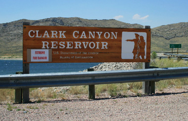 July picture of the Clark Canyon Reservoir sign from Interstate 15. Image is from the Clark Canyon Reservoir Picture Tour.