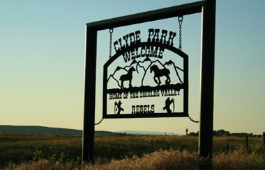 June picture of Clyde Park, Montana Welcome sign. Image is from the Clyde Park, Montana Picture Tour.