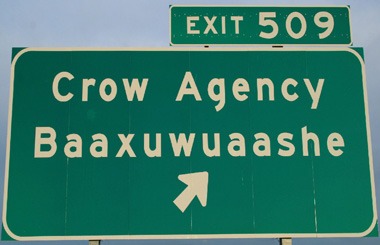 June picture of the Crow Agency, Montana Sign on Interstate 90. Image is from the Crow Agency, Montana Picture Tour.