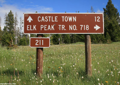 June picture of the Elk Peak Trail sign on Forest Service Road 211 in the Castle Mountains. Image is from the Castle Town Montana Picture Tour.