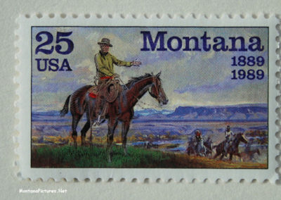 Picture of the 1989 Postal Stamp of CMR and Square Butte. Image is from the Crown Butte Preserve & Simms Montana Picture Tour.