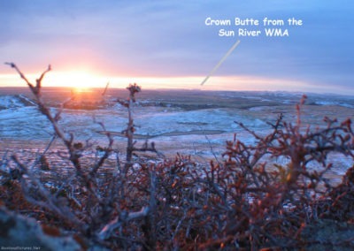 April sunrise picture of Crown Butte from the Sun River WMA. Image is from the Crown Butte Preserve & Simms Montana Picture Tour.