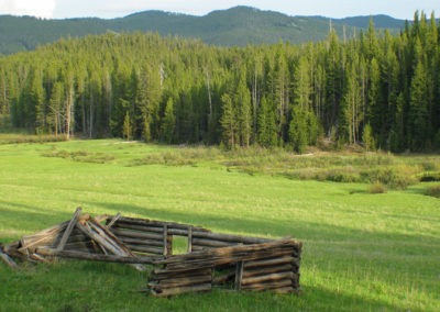 June picture of an abandoned log cabin on the Boulder River Road west of Boulder, Montana. Image is from the Boulder Montana Picture Tour.