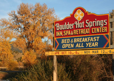 September picture of the entrance sign to Boulder Hot Springs south of Boulder, Montana. Image is from the Boulder Montana Picture Tour.