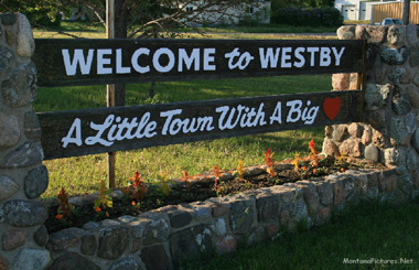 The Westby Welcome Sign on Montana Highway 5. Image is from the Westby Montana Picture Tour.
