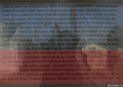 A picture of the History of Westby, Montana at the Visitor Information Kiosk. Image is from the Westby Montana Picture Tour.