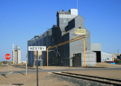 A June picture of the Grain Elevators in Westby, Montana. Image is from the Westby Montana Picture Tour.