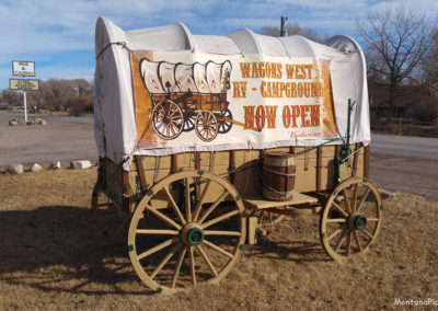 February picture of a Covered Wagon at the Wagons West Campground and cafe in downtown Augusta. Image is from the Augusta Montana Picture Tour.