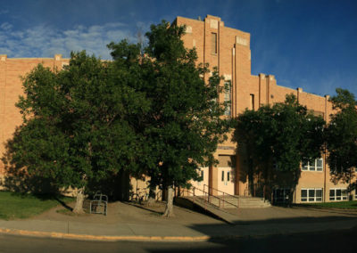 July morning panorama of the old Shelby High School. Image is from the Shelby Montana Picture Tour.