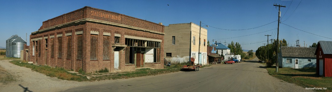 September panorama of downtown Two Dot Montana. Image is from the Two Dot Montana Picture Tour.