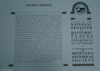 January picture of the Montana Historical Society marker of the Toston Bridge. Image is from the Toston Montana Picture Tour.