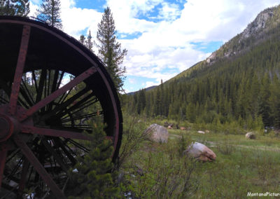 June picture of an iron water wheel near the Coolidge Stamp Mill. Image is from the Coolidge Montana Picture Tour.