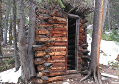 June picture of a log Outhouse in the Coolidge Ghost town. Image is from the Coolidge Montana Picture Tour.