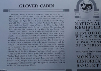 July picture of Glover Cabin Historical sign in Washoe Park. Image is from the Anaconda Montana Picture Tour.