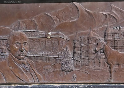 July picture of Bronze Marcus Daly plaque at the Hearst Library in Anaconda. Image is from the Anaconda Montana Picture Tour.