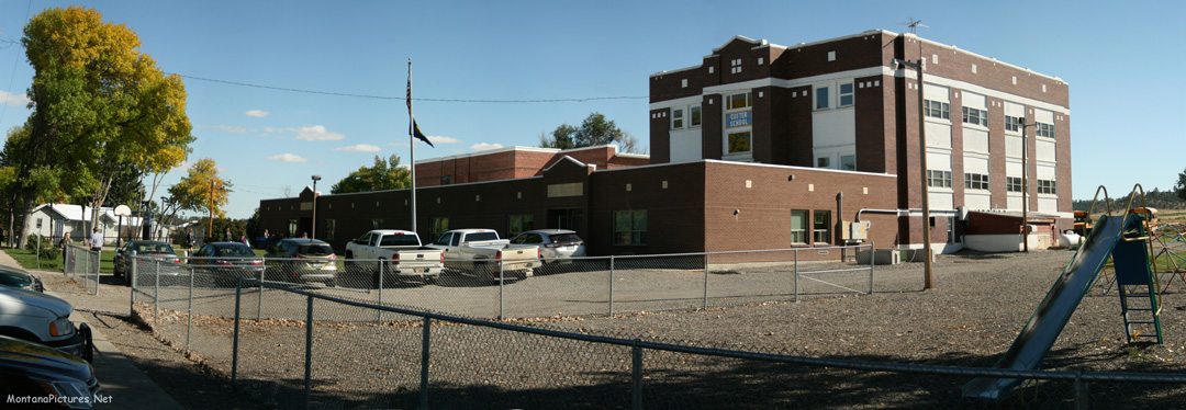 September panorama of the Custer Public School on 4th Avenue. Image is from the Custer, Montana Picture Tour.