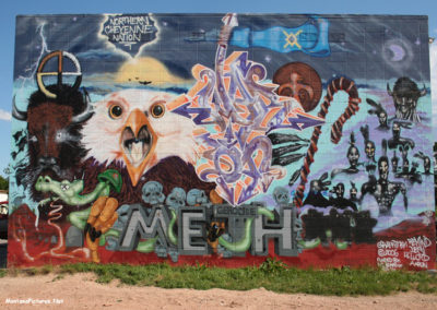 June picture of an Anti-Meth mural on a Lame Deer building. Image is from the Lame Deer, Montana Picture Tour.