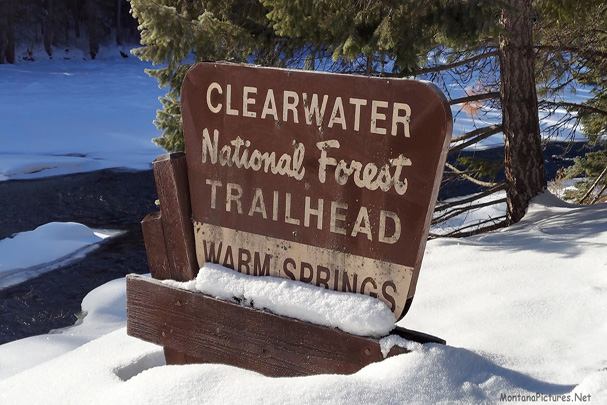 Small February picture of the Hot Springs Forest Service sign on Highway 12. Image is from the Jerry Johnson Hot Springs Picture Tour.