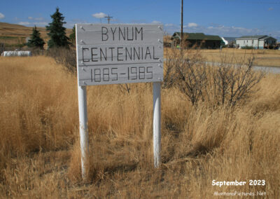 September 2023 picture of the Bynum Montana Centennial Sign. Image is from the Bynum Montana Picture Tour.