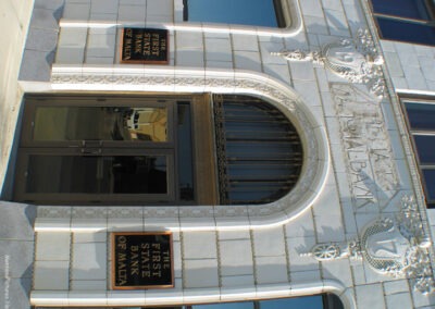 July picture of the ornate main entrance of the First State Bank in Malta, Montana.