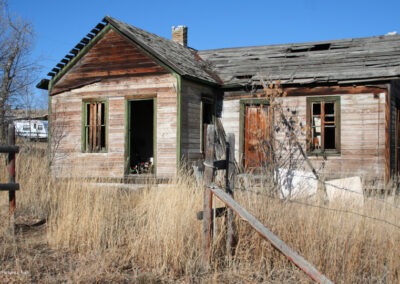 January picture of an unusual wooden clap board with two doors in Radersburg, Montana